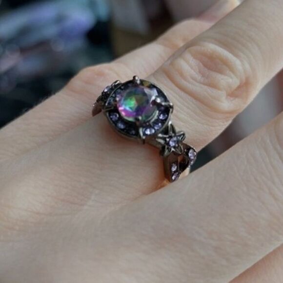 Mystic Rainbow Fire Topaz Flower Ring Purple Amethyst Black - Picture 2 of 6